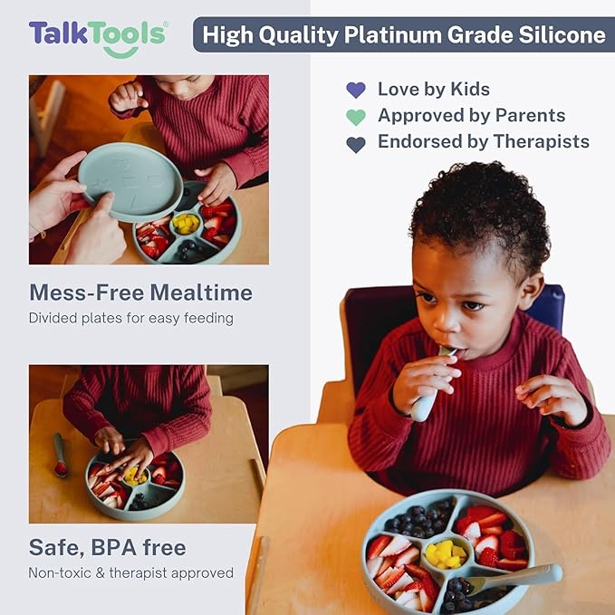 Talktools Bitsy Feeding Kid's Essentials Plate Set – Toddler Utensils, Spoon and Fork, Plate Lid, Perfect for Mealtime – Strong Suction Toddler Plates with 4 Compartments (Set-Sage)