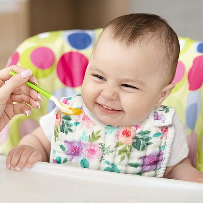 Zainpe 6Pcs Snap Muslin Cotton Baby Bibs Flowers Pattern Infants Feeding Bib Adjustable Machine Washable Girls Burp Cloths Unisex Drool Cloth with 6 Absorbent & Soft Layers for Eating and Teething