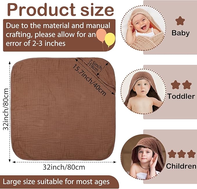 VitalCozy 6 Pcs Baby Muslin Hooded Bath Towels and Washcloths, 32 x 32 Inch Muslin Cotton Hooded Baby Towels Absorbent Hooded Blankets for Gift Newborn Infant Shower (Brown,Coffee)