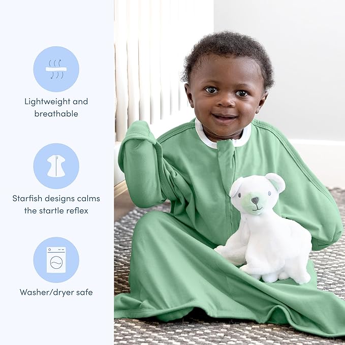 SleepingBaby Zipadee-Zip Transition Swaddle - Cozy Baby Swaddle Blanket with Zipper Convenience - Roomy Wearable Blanket for Easy Diaper Changes - Basil, X-Small (3-6 Month)