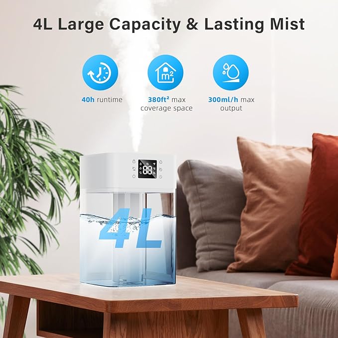 JRD 4L Humidifiers for Bedroom, Cool Mist Humidifier for Large Room, 40H Runtime, 360° Nozzle, Night Light for Home, Office, Baby Nursery, Plants（White）