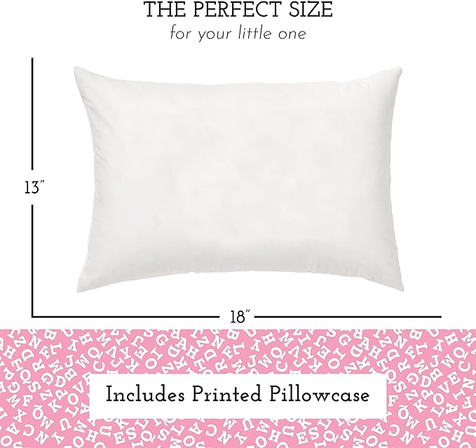 Little Sleepy Head Toddler Pillow with Pillowcase 13x18 - Kids Pillow for Sleeping - Better Neck Support Ergonomic Pillow and Toddler Pillowcase - Best Pillows for Kids (Alphabet Pink)