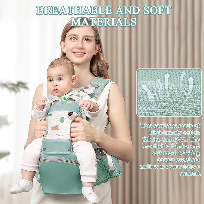 Baby Carrier with Hip Seat for Newborn to Toddler, 6-in-1 Ergonomic Infant Carrier for 0-36 Month Baby, All Positions Soft Breathable Mesh Wrap Carrier with Waist Stool, Baby Holder-Green Print