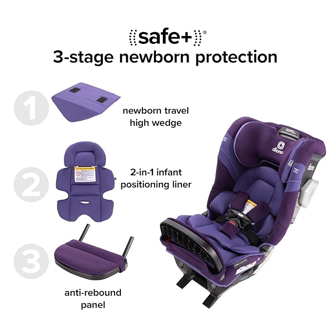 Diono Radian 3RXT SafePlus Max Rear and Forward-Facing Convertible Car Seat, 2-in-1 Anti-Rebound Bar and Calf-Support, 10 Years 1 Car Seat, Slim Fit 3 Across, Purple Wildberry