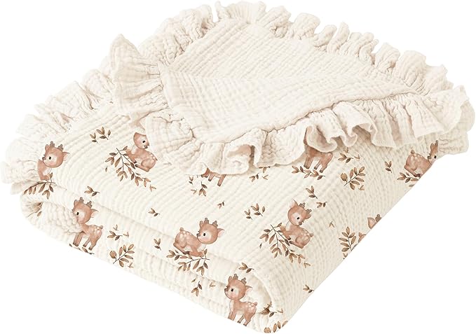 Konssy Flounce Muslin Baby Blankets, Cotton Crib Blanket for Baby Infant Toddler, Super Soft and Lightweight Nursery Blankets 40"x36" (Deer)