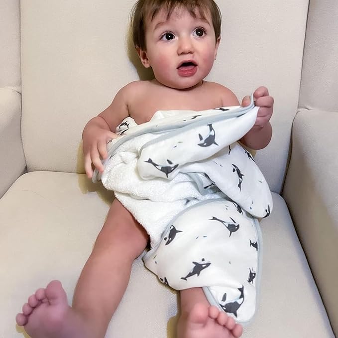 Bamboo Viscose Baby Hooded Towel & Washcloth Set for Babies and Toddlers, Soft & Absorbent, 70% Viscose from Bamboo, 30% Cotton Muslin - Imported (Orca)