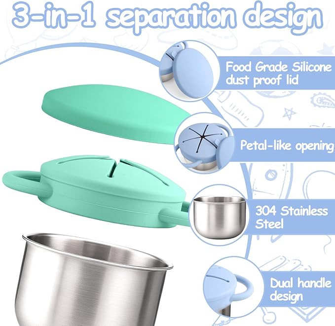 Mity rain 2-Pack Stainless Steel Snack Containers for Kids with Spill-Proof Silicone Lids & Handles - 3-in-1 Baby Snack Cups, No-Spill Toddler Snack Box, Perfect for On-the-Go Healthy Eating