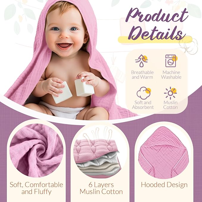 VitalCozy 12 Pcs Baby Muslin Hooded Bath Towels and Washcloths, 32 x 32 Inch Muslin Cotton Hooded Baby Towels Absorbent Hooded Blankets for Gift Newborn Infant Shower (Pink Purple Series)