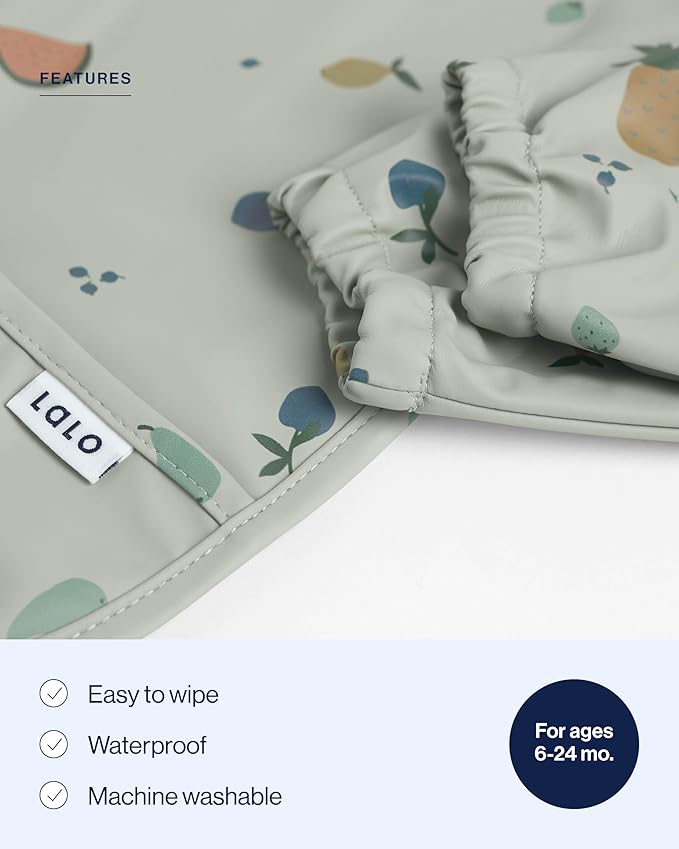 Lalo Smock Bib - Long Sleeve Bib for Infants and Toddlers - Elastic Cuffs, Large Catch-All Pocket, Waterproof Recycled Polyester - Easy to Clean for Mealtime and Art Time - Fruit Print Sage Infant