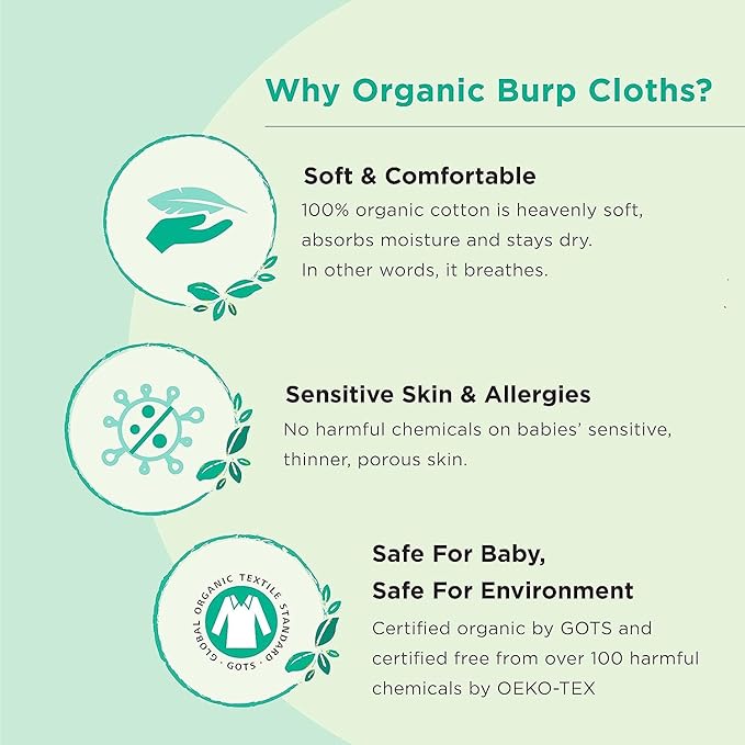 5-Pack Organic Cotton Burp Cloths – Large, Ultra-Soft 3-Layer Towels for Burping, Shoulder & Hand Use, Highly Absorbent
