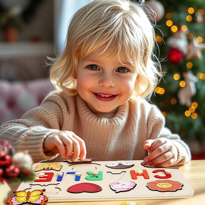 Personalized Wooden Name Puzzle for Toddlers 1-3 - Custom Baby Sensory Toy Easter Basket Stuffers - Early Learning Educational Toys for 1 Year Old Girl - 1st Christmas Birthday Gifts for Girl and Boy
