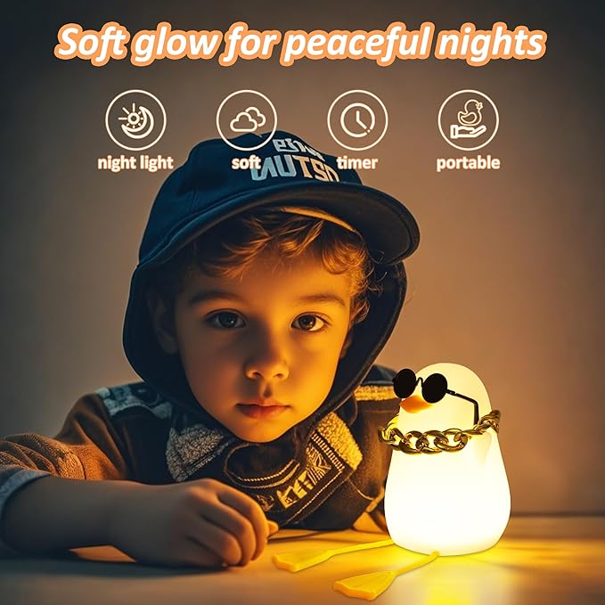 Duck Night Light for Kids, Cute Benson Ducks Gifts, Squishy Touch Silicone Animal Nursery Bedside Lamp Goose Gifts, Dimmer & Rechargeable, Birthday Gifts for Boys Girls Women Teen(Hip Hop Duck)