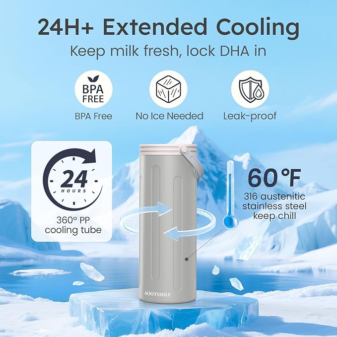 Portable Breast Milk Cooler for Travel, 22oz Large Capacity Breastmilk Chiller for Working Moms, 360° Cooling Keeps Milk Chilled 24 Hours, Includes 2 Baby Bottles, Breastfeeding Essentials