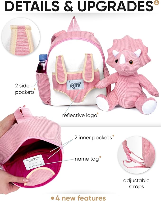 Naturally KIDS Pink Dinosaur Toys for Girls, Triceratops Toy, Dinosaur Gifts for 2 3 Year Old Girls, Toddler Backpack