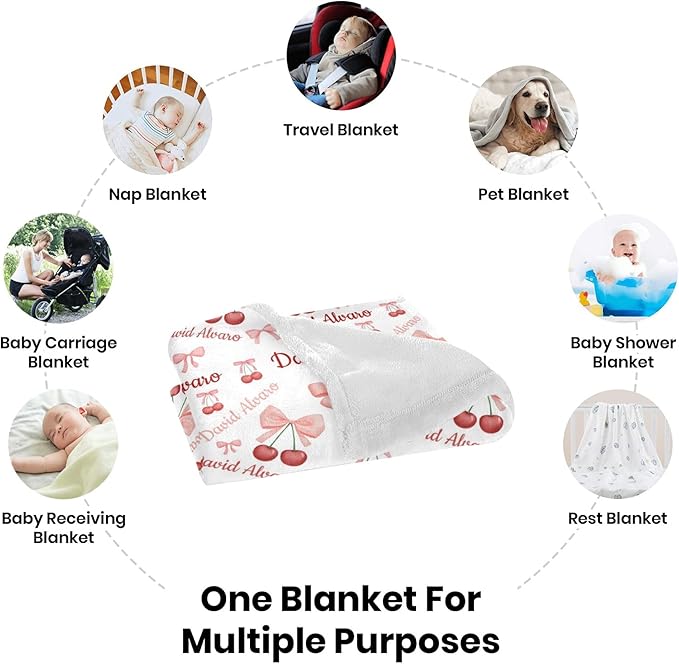 Ship Next Day Custom Name Baby Blanket, Personalized Toddler Blanket with Cherry Pattern, for Baby Boys and Girls