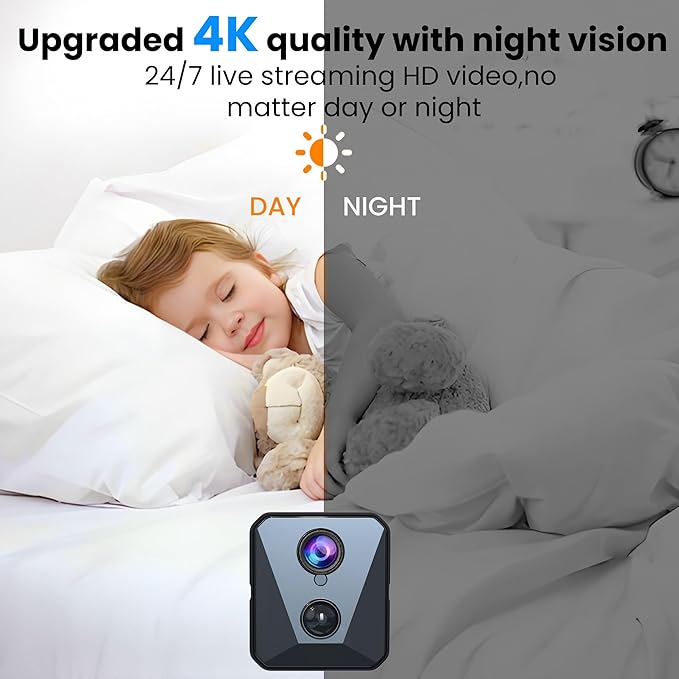 4K WiFi Indoor Camera with 64GB SD Card, Battery Powered Security Cam, 100-Day Standby, AI Human Detection, Night Vision, Real-Time Alert, Baby Monitor, Pet Cam for Home or Office