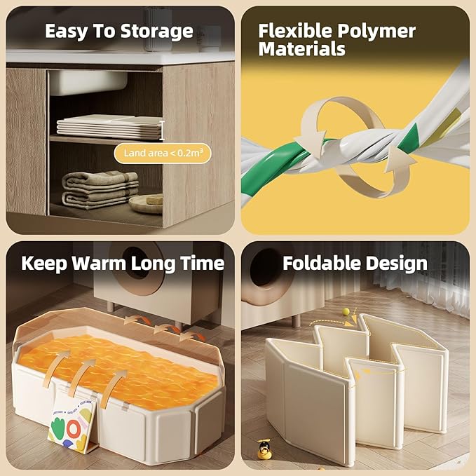 Collapsible Bathtub 29.5×17.7×9.8 in with Drain Plug Foldable Bath Tub for Toddlers and Pets Easy to Store Lightweight for Home, Outdoor or Travel (White)