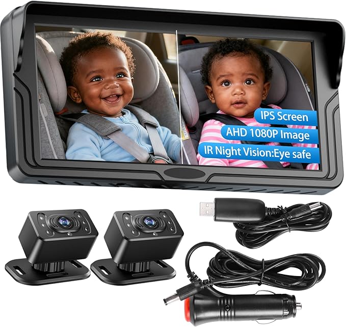 Dual Baby Car Camera for 2 Kids - 6.86 Inch IPS AHD 1080P Split Screen Monitor with 2 Backseat Cameras, Cigarette Lighter & USB Powered, IR Night Vision, 360° Rotatable, Rear-Facing Mirror