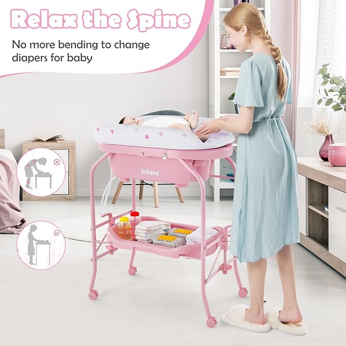 INFANS 2 in 1 Baby Changing Table with Bath Tub Unit, Folding Diaper Dresser Station with Wheels Waterproof Pad Storage Rack, Portable Nursery Organizer Stand for Newborn Infant