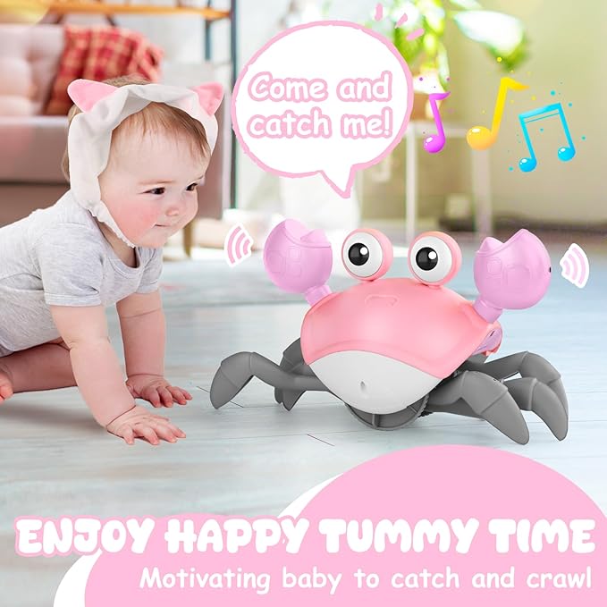 Crawling Crab Baby Toy, Tummy Time Girl Gifts for Babies 3-6 6-12 Month, Light-Up Walking Dancing Moving Crab with Music & Obstacle Avoidance, Rechargeable Musical Toys 1 Year Old Girls Gift (Pink)