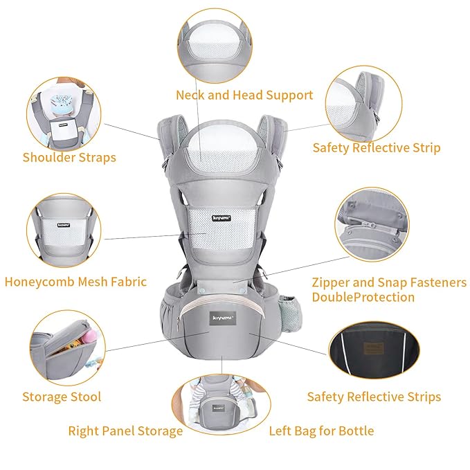 KIYUMI Baby Carrier with Hip Seat, 6- in-1 Baby Carrier Newborn to Toddler, Ergonomic M Position, Head Support and Breathable Mesh,Adjustable Removable Baby Sling Carrier (7-45 lbs), Grey