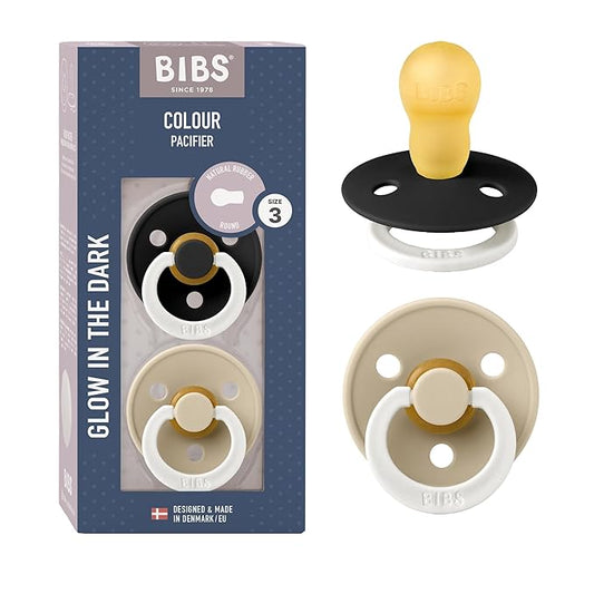 BIBS Pacifiers Colour Collection | Natural Rubber Baby Pacifier | Set of 2 BPA-Free Soothers | Made in Denmark | 18+ Months (Pack of 2) | Black Glow/Vanilla Glow