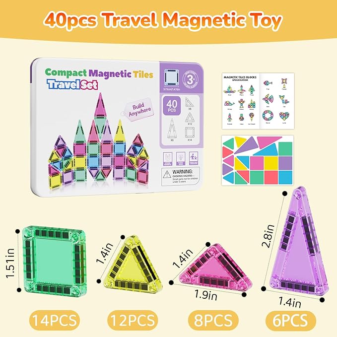Magnetic Tiles Building Stacking Blocks Magnetic Tiles Travel Toy STEM Educational Toys 40-Piece Kids Toys for Classroom Sensory Play Ideal for Children Aged 3-8 Years Old