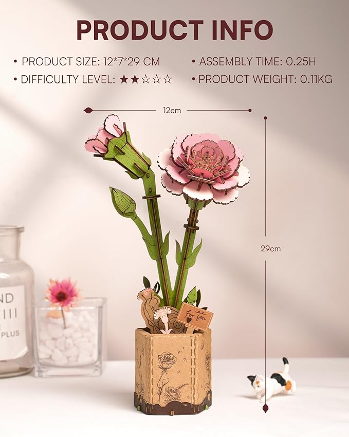 3D Flower Wooden Puzzles for Adults-Pink Carnation, DIY Wooden Flowers Model Kit Building Set Crafts for Adults to Build, Botanical Collection/Ideal Creative Gift Ideas/Housewarming (124PCS)