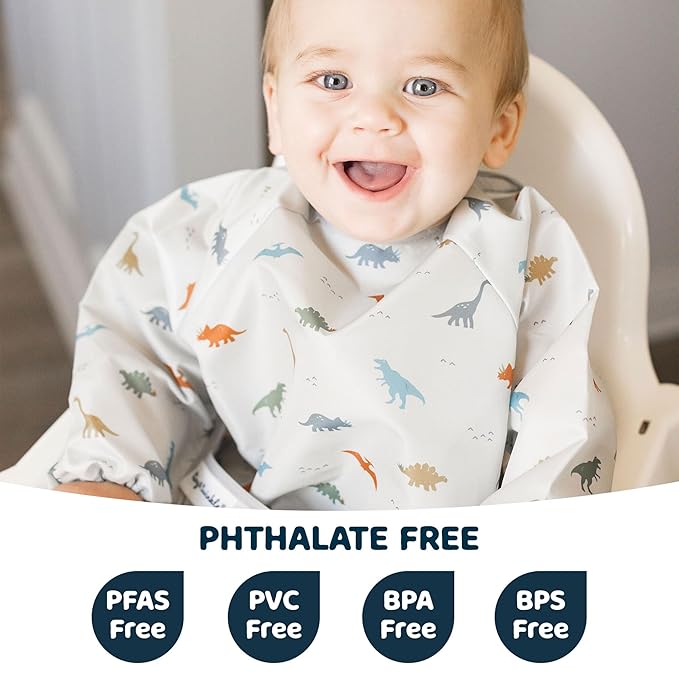 Tiny Twinkle Long Sleeve Bib for Babies & Toddlers – Waterproof Smock Bib for Eating – Machine Washable & Mess-Proof, Baby Feeding Essential & Shower Must-Have(Dinosaur, 6–24M)