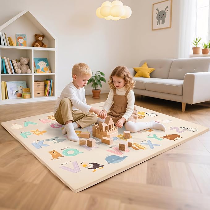 59x59Inch Baby Mat for Floor,1.2Inch Thick Foam Crawling Mat for Babies,Waterproof Floor Cushioned,Kids Playroom Playmat,Wipeable Washable Vegan Leather Padded Memory Foam Playmat for Infant