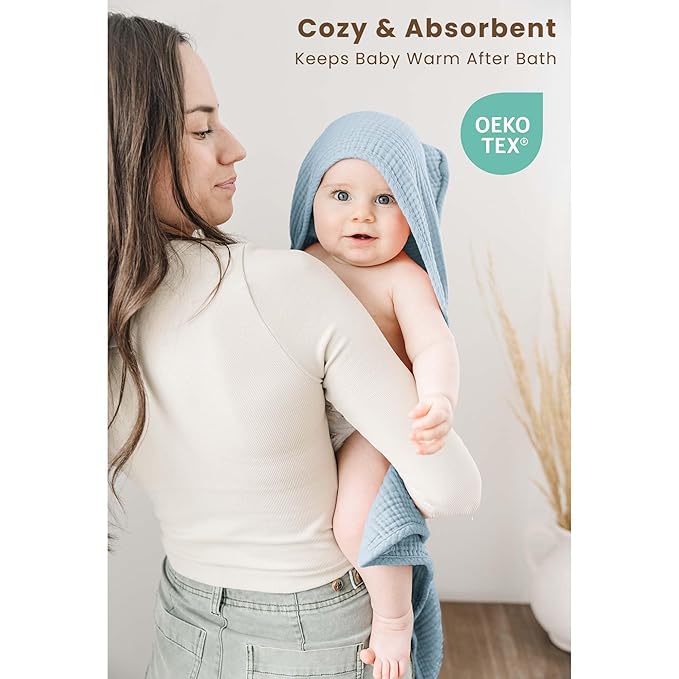 Konssy 2-Pack Muslin Hooded Baby Towels, 100% Cotton, Ultra-Soft & Absorbent Baby Bath Towels with Hood for Newborn & Infant (Blue, Star,32" x 32")