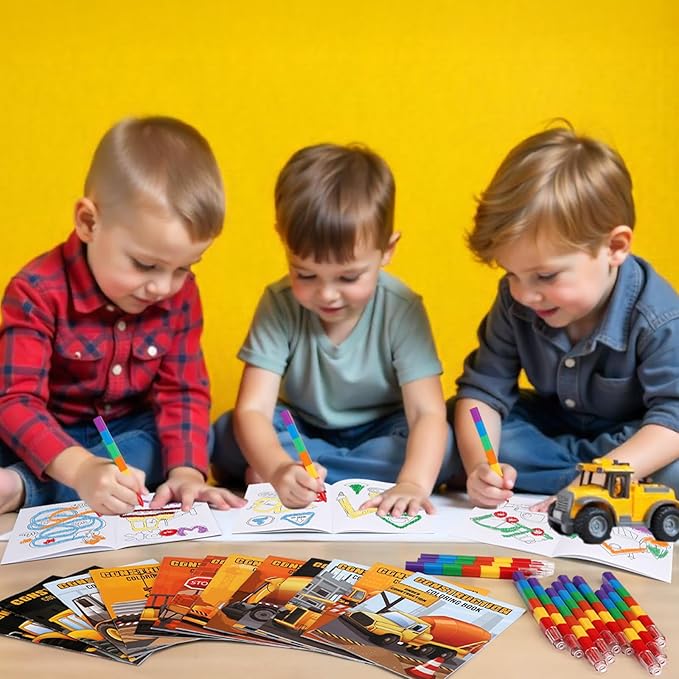 BenLouis 12 Construction Mini Coloring Books Kids with 12 Stacking Crayons Excavator Theme Party Favors Small Activity Books Bulk for Kids Construction Birthday Party Gift Goodie Bag Stuffers