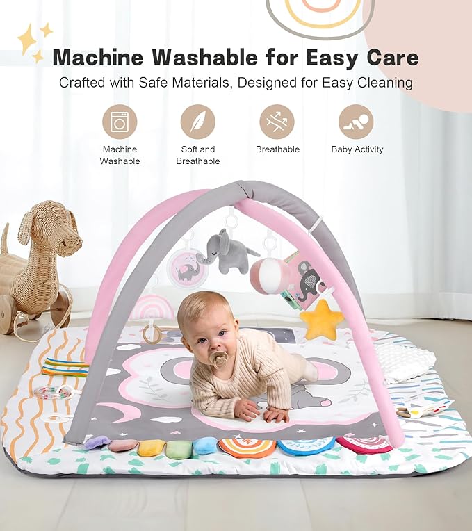 Baby Play Mat Activity Gym with Tummy Time Pillow, 6 Developmental Zones Tummy Time Mat, 6 Detachable Sensory Toys and Educational Cards, Essential Baby Shower Set, Pink Elephant