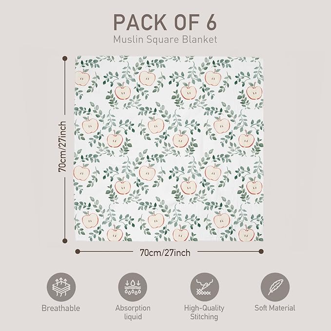 GLLQUEN BABY Receiving Blanket Boy Cotton Muslin Swaddle Blankets Girl Newborn Squares Breathable & Soft Thin Baby Blankets Cloths Double Absorbent Infant Swaddling Wrap - 6 Pack (Apple)