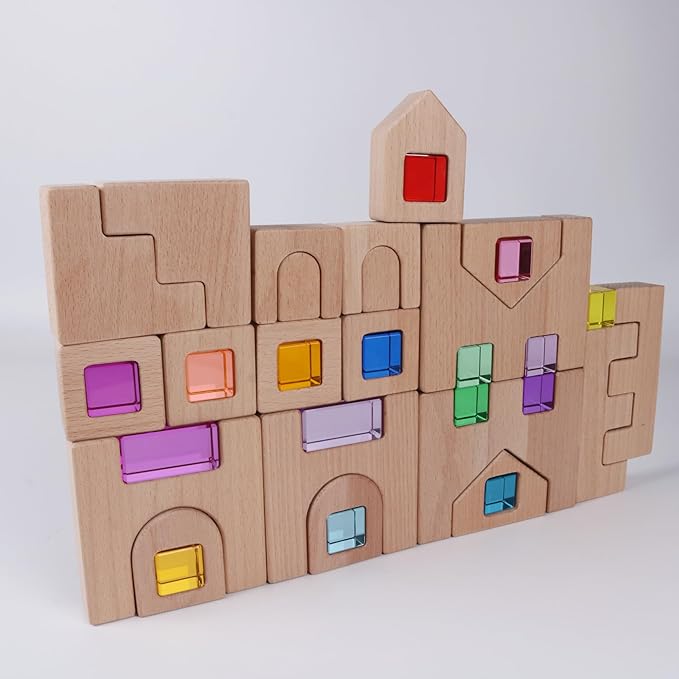 38PCS Wooden Building Blocks Set with Colorful Acrylic Inserts, Include Wooden Castles, Stairs, Arches Educational Construction Toy for Toddlers (38PCS Castle House)