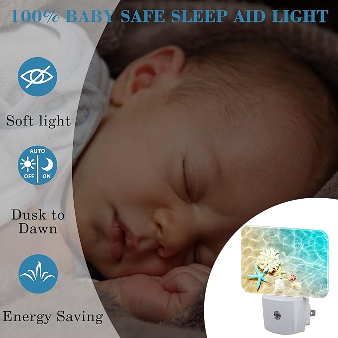 Starfish Coral and Seashell Plug in Night Lights, Beach in Sea Water Nightlight Plug Into Wall Dusk to Dawn Sensor for Kid Girls Boys Women Men Room, Hallway, Kitchen, Bathroom, Stairs Decor