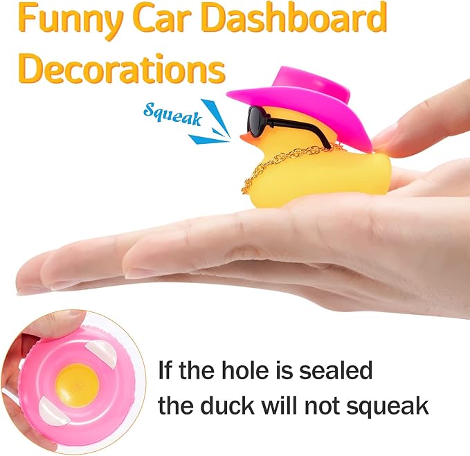 wonuu Car Rubber Duck, Yellow Duck Decoration Dashboard with Sun Hat Swim Ring Necklace Sunglasses for Car Dashboard Decorations, Pink White Cowboy Hat-Pink Dolphin