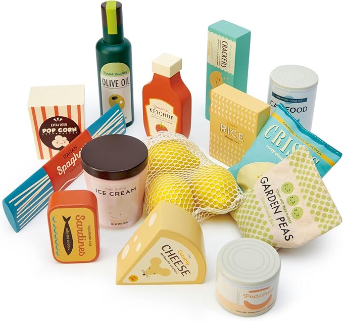 Tender Leaf Toys - Supermarket Grocery Set - 17 Pcs Wooden Pretend Play Food Pack for Supermarket Roleplay Shopping Game, Play Kitchen Accessories - Age 3+