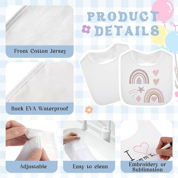 Toulite 6 Pcs White Bibs for Baby Washable Reusable Waterproof Cotton Feeder Bibs with Double Sided Design for Baby Shower Activity and Gifts