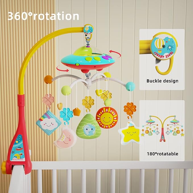 Eners Baby Crib Mobile with Music and Lights, Mobile for Crib with Remote Control, Rotation, Moon and Star Projection, Baby Crib Toys for Boys Girls (Red)