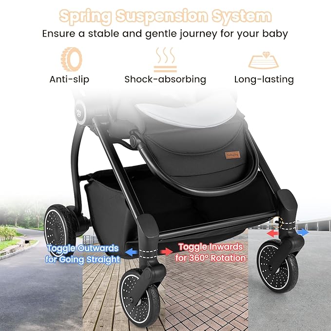 BABY JOY Baby Stroller, Foldable Toddler Stroller with Reversible Seat, Adjustable Backrest/Canopy/Handle/Footrest, Storage Basket, Suspension Wheels, Aluminum Frame (Black)