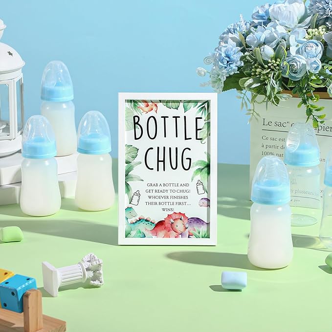 Roowest Bottle Chug Baby Shower Game Favors Including Dinosaur Theme Wooden Sign and 18 Pcs Baby Bottles for Gender Reveal Party Supplies