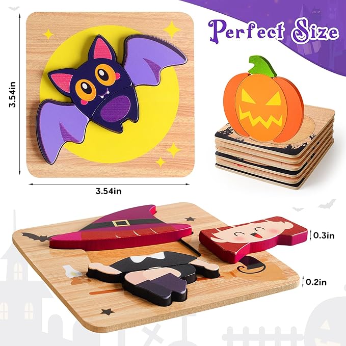 Halloween Wooden Puzzles Toys for Toddlers 1-3, for Baby Boys Girls, Halloween Toys for 1 2 3 Year Old Learning, Halloweens Party Favors for Kids, Trick or Treat Goodie Bag Fillers