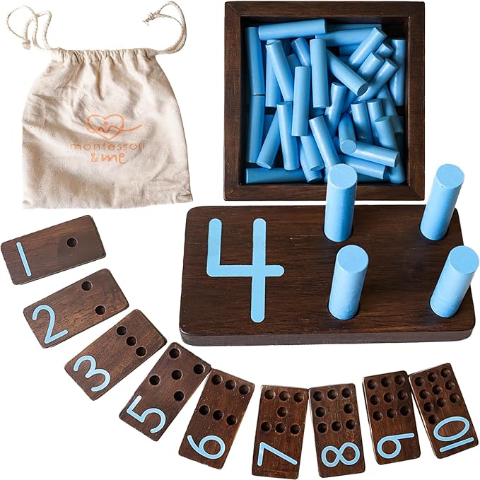 Counting Peg Board - Montessori Math and Numbers for Kids - Wooden Math Manipulatives Materials - Dark Walnut Stain
