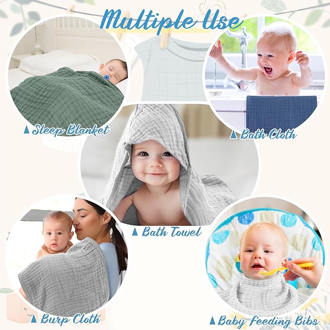 VitalCozy 12 Pcs Baby Muslin Hooded Bath Towels and Washcloths, 32 x 32 Inch Muslin Cotton Hooded Baby Towels Absorbent Hooded Blankets for Gift Newborn Infant Shower (Green Blue Gray)