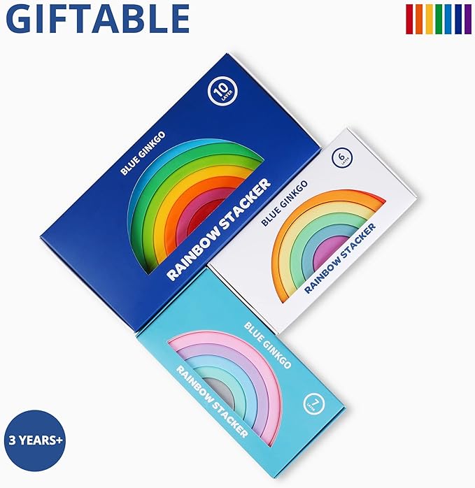 BLUE GINKGO Silicone Rainbow Stacker - Montessori Nesting Puzzle | Kids and Toddler | Stacking Sensory Toys - 7 Layers (Pastel)