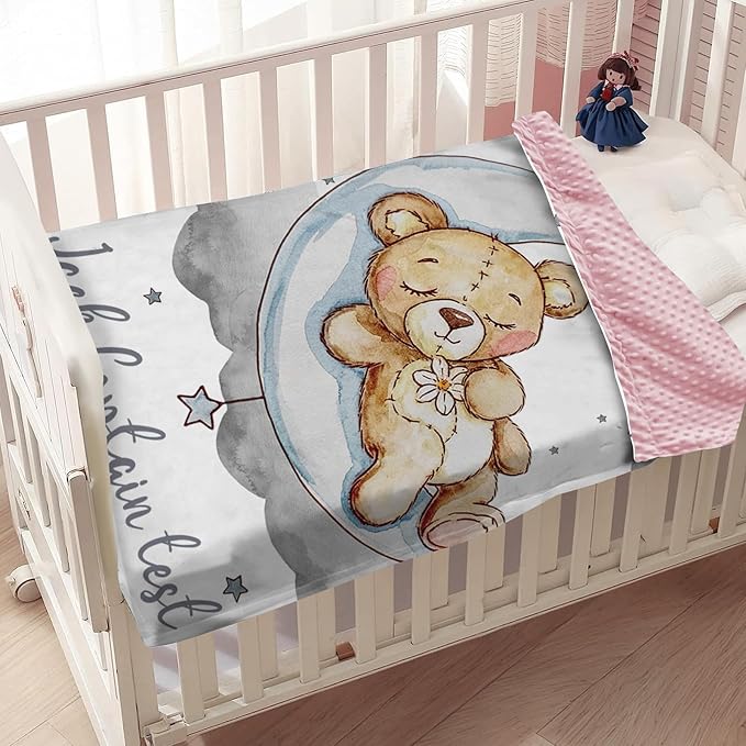 Personalized Baby Blanket, Custom Baby Blankets with Name for Infant Boys Girls, Flannel Double Layer Dotted Backing Receiving Swaddle Blanket, Gray Bear Toddler Customized Gifts(60"x80")