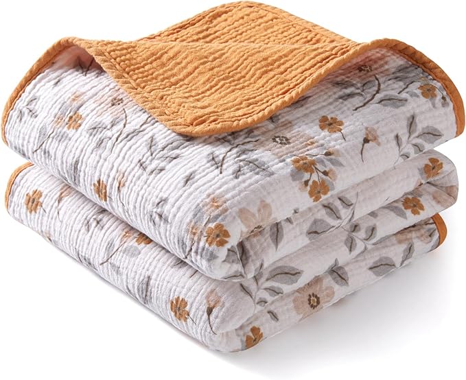 TILLYOU Muslin Baby Blankets for Girls Boys, Cotton Baby Blankets, Soft Breathable and Lightweight 40"X40", Yellow Flower