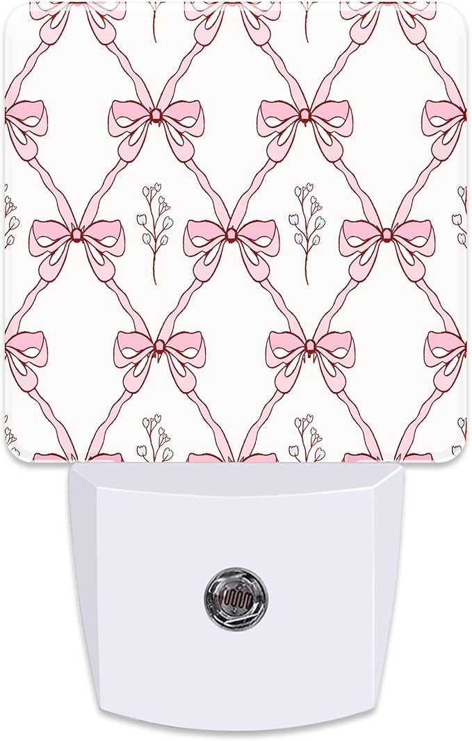 Vintage Retro Pink Ribbon Plug in Night Light with Auto Dusk to Dawn Sensor,Warm Night Lights for Boys Girls Bedroom Bathroom Hallway Kids Room Gifts