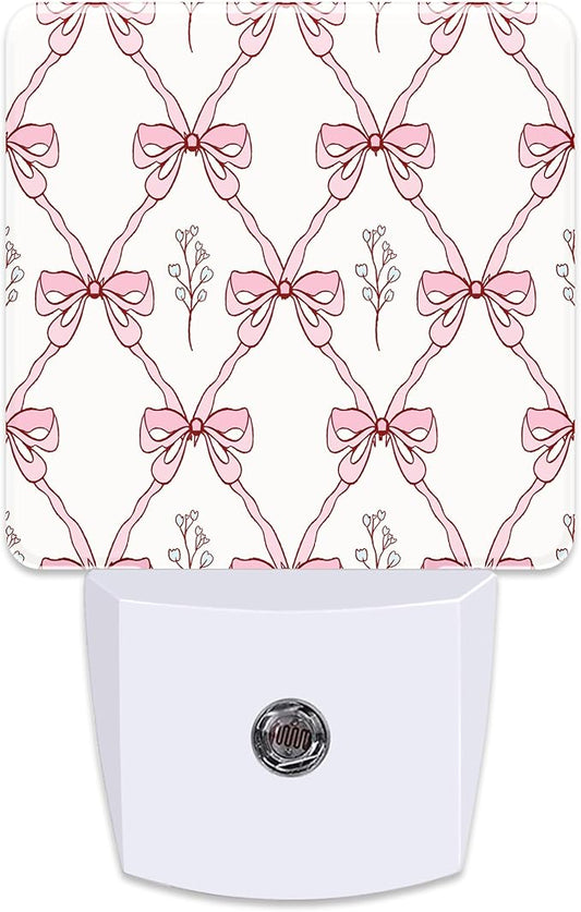 Vintage Retro Pink Ribbon Plug in Night Light with Auto Dusk to Dawn Sensor,Warm Night Lights for Boys Girls Bedroom Bathroom Hallway Kids Room Gifts